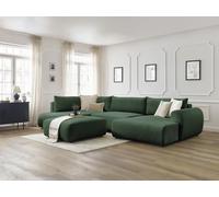 Canapé panoramique convertible coffre LUCIEN tissu lisse avec pouf vert angle droit BOBOCHIC 6 places Angle droit Vert