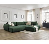Canapé panoramique convertible coffre LUCIEN tissu lisse avec pouf vert angle gauche BOBOCHIC 6 places Angle gauche Vert