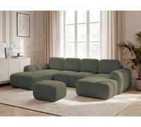 Canapé panoramique convertible coffre MONTAIGNE tissu bouclette avec pouf vert angle droit BOBOCHIC 5 places Angle droit Vert