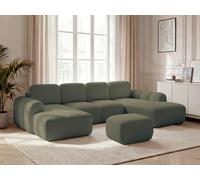 Canapé panoramique convertible coffre MONTAIGNE tissu bouclette avec pouf vert angle gauche BOBOCHIC 5 places Angle gauche Vert