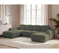 Canapé panoramique convertible coffre MONTAIGNE tissu bouclette vert angle droit BOBOCHIC 5 places Angle droit Vert