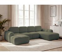 Canapé panoramique convertible coffre MONTAIGNE tissu bouclette vert angle gauche BOBOCHIC 5 places Angle gauche Vert