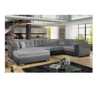 Canapé panoramique convertible - DAMIEN VELOURS - en tissu gris clair et gris foncé de qualité, 7 places, méridienne à gauche et an