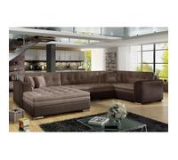 Canapé panoramique convertible - DAMIEN VELOURS - en tissu marron clair et marron foncé de qualité, 7 places, méridienne à gauche e