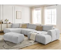 Canapé panoramique convertible FUJI tissu lisse avec pouf gris clair angle droit BOBOCHIC 5 places Angle droit Gris clair