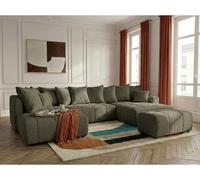 Canapé panoramique convertible ROXELANE tissu bouclette avec pouf vert angle droit BOBOCHIC 6 places Angle droit Vert