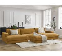 Canapé panoramique fixe compact LEONARD tissu texturé avec pouf jaune BOBOCHIC 5 places Jaune