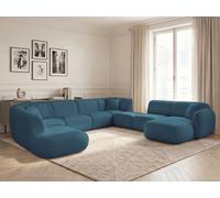 Canapé panoramique fixe modulable ANDA avec 3 chauffeuses, 1 méridienne, 2 angles et 1 pouf bleu clair angle droit BOBOCHIC 10 places Angle droit Bleu clair