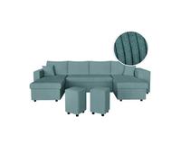 Canapé panoramique OSLO convertible avec 2 coffres, 2 poufs à droite en velours côtelé bleu clair
