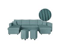 Canapé panoramique OSLO convertible avec 2 coffres, 2 poufs à droite en velours côtelé bleu clair