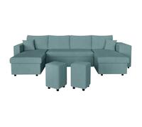 Canapé panoramique OSLO convertible avec 2 coffres, 2 poufs à droite en velours côtelé bleu clair