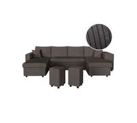Canapé panoramique OSLO convertible avec 2 coffres, 2 poufs à droite en velours côtelé gris foncé