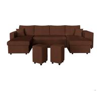 Canapé panoramique OSLO convertible avec 2 coffres, 2 poufs à droite en velours côtelé marron