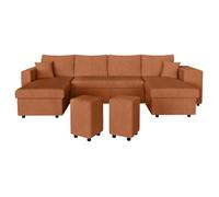 Canapé panoramique OSLO convertible avec 2 coffres, 2 poufs à droite en velours côtelé terracotta