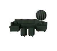 Canapé panoramique OSLO convertible avec 2 coffres, 2 poufs à droite en velours côtelé vert foncé