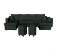 Canapé panoramique OSLO convertible avec 2 coffres, 2 poufs à droite en velours côtelé vert foncé