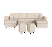 Canapé panoramique OSLO convertible avec 2 coffres, 2 poufs à gauche en velours côtelé beige - L311 x P146 x H81cm - LOUNGITUDE