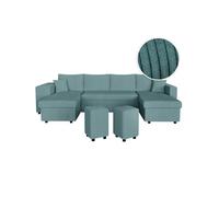 Canapé panoramique OSLO convertible avec 2 coffres, 2 poufs à gauche en velours côtelé bleu clair