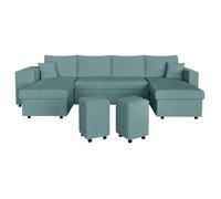 Canapé panoramique OSLO convertible avec 2 coffres, 2 poufs à gauche en velours côtelé bleu clair
