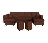 Canapé panoramique OSLO convertible avec 2 coffres, 2 poufs à gauche en velours côtelé marron