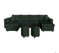 Canapé panoramique OSLO convertible avec 2 coffres, 2 poufs à gauche en velours côtelé vert foncé