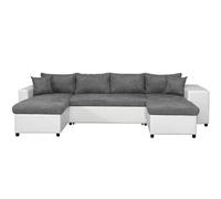 Canapé panoramique OSLO convertible avec coffres, poufs à droite en simili blanc et microfibre grise