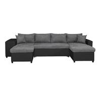 Canapé panoramique OSLO convertible avec coffres, poufs à droite en simili noir et microfibre grise