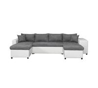 Canapé panoramique OSLO convertible avec coffres, poufs à droite en simili blanc et microfibre grise