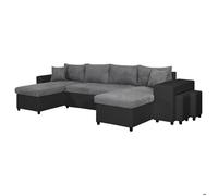 Canapé D'angle Panoramique Oslo Convertible Avec Coffres Et Poufs En Simili Et Microfibre - Gris / Noir, Position Du Rangement Poufs - Droit Gris