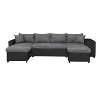 Canapé d'angle panoramique OSLO convertible avec coffres et poufs en simili et microfibre - Gris / Noir, Position du rangement
