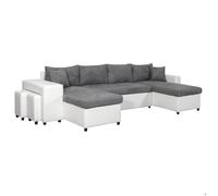 Canapé panoramique OSLO convertible avec coffres, poufs à gauche - Simili/Microfibre - Blanc/Gris - L311 x P146 x H81cm - LOUNGITUDE