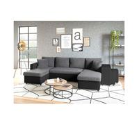 Canapé d'angle panoramique OSLO convertible avec coffres et poufs en simili et microfibre - Gris / Noir, Position du rangement