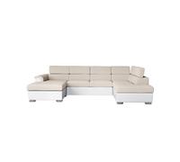 Canapé panoramique PAOLA convertible 2 coffres en tissu Easy Clean antitache et simili- Beige/Blanc