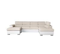 Canapé panoramique PAOLA convertible 2 coffres en tissu Easy Clean antitache et simili- Beige/Blanc