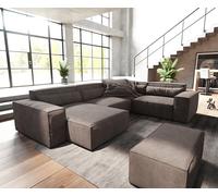 Canapé panoramique Sirpio 300x200 cm Microfibre Marron Kaki Recamiere variable avec Tabouret