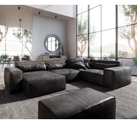 Canapé panoramique Sirpio 300x210 cm Cuir synthétique Vintage Anthracite Recamiere variable avec Tabouret