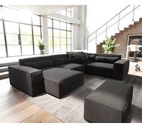 Canapé panoramique Sirpio 300x210 cm Microfibre Noir Recamiere variable avec Tabouret