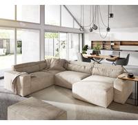 Canapé panoramique Sirpio 300x210 cm Velours côtelé Beige Recamiere variable avec Tabouret