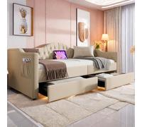 Canapé Parure de Lit 90x200 avec Cadre et Tiroirs, Port USB Type C, 1 Personne, Lit Coffre avec 2 Tiroirs, Sommier à Lattes, Beige (sans Matelas)
