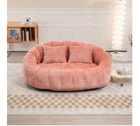 Canapé pouf 2 places Lazy en chenille rose 150×95×63 cm avec 2 coussins - mousse à mémoire