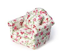 Canapé pour maison de poupée avec oreiller 1 à 12 échelles - Fauteuil miniature pour salon - Cadre en tissu en bois - Chaise de lecture - Décoration de maison artificielle (rose floral)