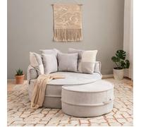 Canapé rond une place en tissu chenille cool gray, mousse 35D, avec ottomane et 5 coussins, style contemporain