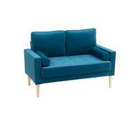 Canapé scandinave 2 places en tissu bleu canard et bois clair