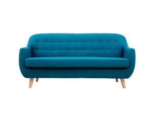 Canapé scandinave déhoussable 3 places en tissu bleu canard et bois clair YNOK