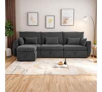 Canapé Sectionnel avec Espace de Rangement,Canapé 3 Places avec Repose-Pieds Allongé et Cinq Coussins Amovibles, Gris Foncé, 300x90x96 cm