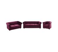 Canapés 3 places, 2 places et fauteuil en velours pourpre CHESTERFIELD