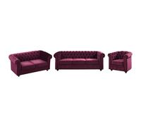 Canapés 3 places, 2 places et fauteuil en velours pourpre CHESTERFIELD