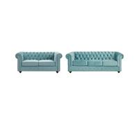 Canapés 3 places et 2 places en velours bleu pastel CHESTERFIELD