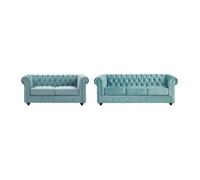 Canapés 3 places et 2 places en velours bleu pastel CHESTERFIELD