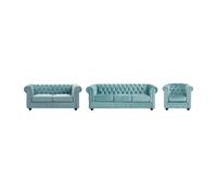 Canapés 3 places et 2 places et fauteuil en velours bleu pastel CHESTERFIELD